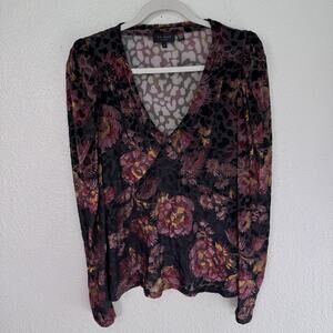 Ted Baker Top 6 Womens 14 US Floral Velvet Leopard Burnout Sheer Dark Blouse